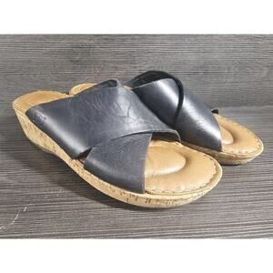 boc Black Leather Crisscross Cork Wedge Sandals